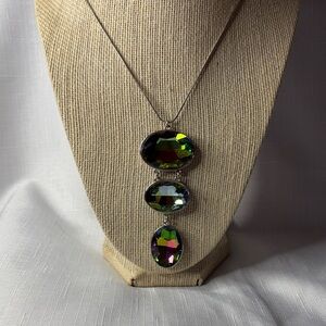 Silver Plated 3 Oval Faceted Rainbow Crystal Pendant w/chain